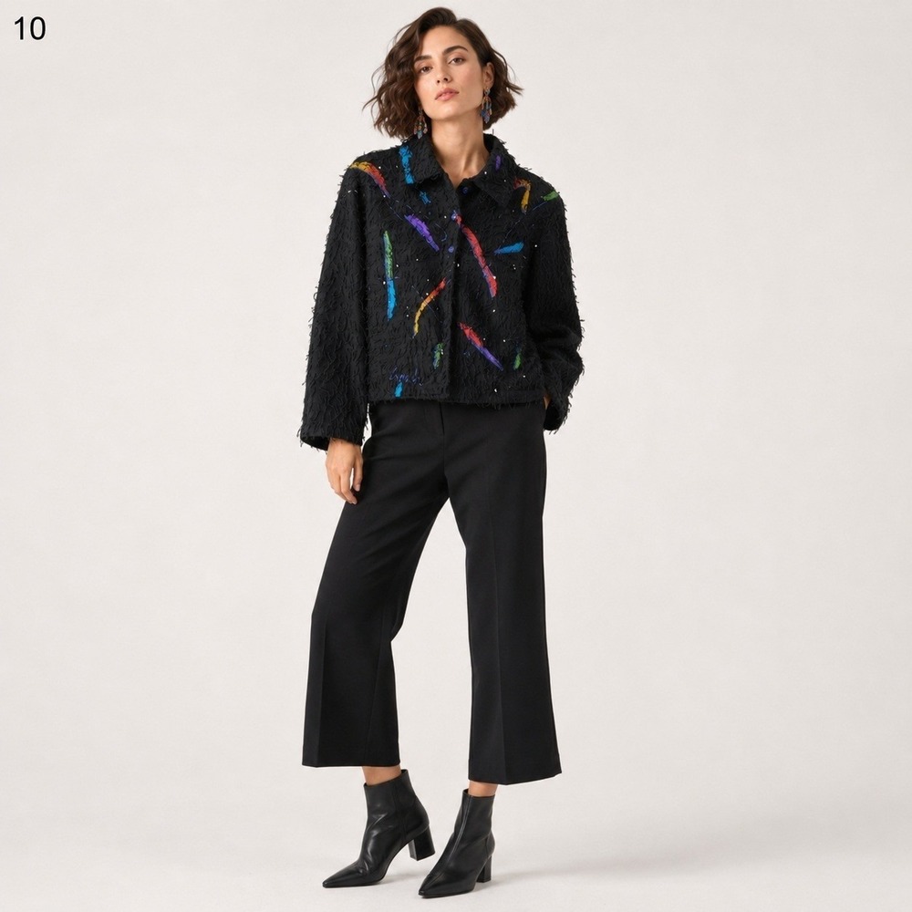 Sarah Handprinted Originals Artsy Cardigan Sweater Womens L Black Cotton Pockets